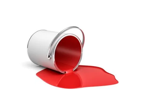 3d rendering of a red paint bucket lying on its side with all paint leaking out. Illustration