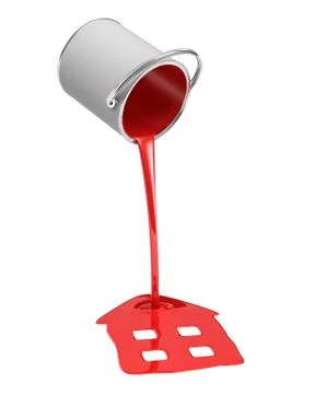 3d rendering of a red paint bucket overturned with paint leaking out into a Stock Illustration