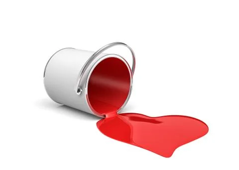 3d rendering of a red paint bucket lying on its side with paint leaking out and Stock Illustration