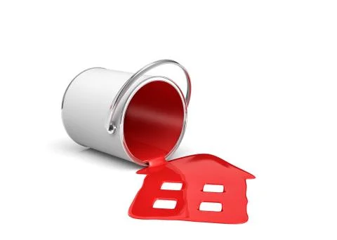 3d rendering of a red paint bucket lying on its side with paint leaking out and Stock Illustration