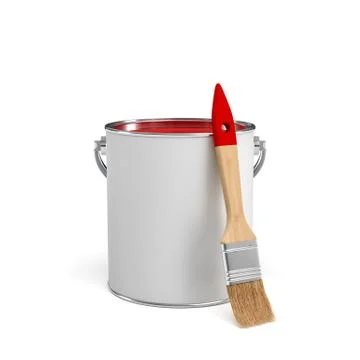 3d rendering of a red paint jar and a wooden brush with a red handle on white Stock Illustration