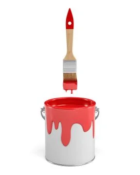 3d rendering of a red paint jar and a wooden brush with a red handle on white Stock Illustration