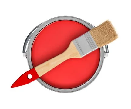 3d rendering of a red paint jar and a wooden brush with a red handle in top view Stock-Illustration