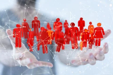 3D rendering of red people figures with connecting lines and dots in a mans Stock Photos