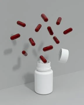 3D rendering of red pills flying out of a white bottle Stock Illustration