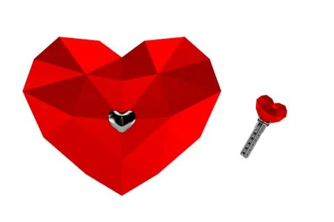 3D rendering. Red polygonal heart with key, valentines day Stock Photos