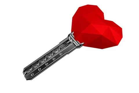 3D rendering. Red polygonal heart with key, valentines day Foto stock
