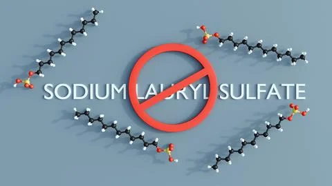3D rendering of red "prohibited" sign over "Sodium Lauryl Sulfate" text. Stock Illustration