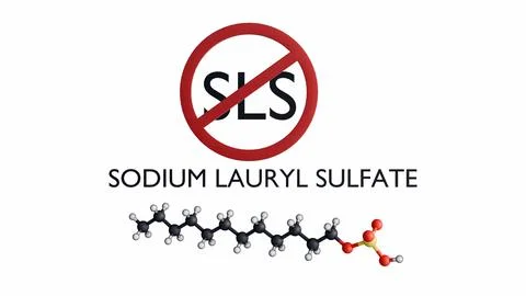 3D rendering of red "prohibited" sign over "Sodium Lauryl Sulfate" text. Stock Illustration