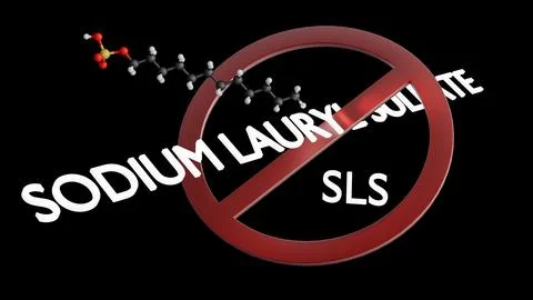 3D rendering of red "prohibited" sign over "Sodium Lauryl Sulfate" text. Stock Illustration