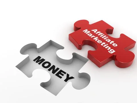 3D rendering of a red puzzle fitting a hole as a concept of affiliate marketing Ilustração Stock