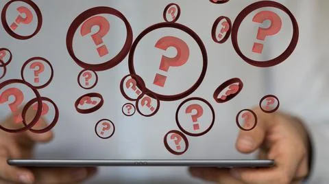 A 3d rendering of red question marks in burgundy circular frames above a gray Stock Photos