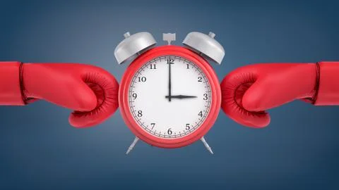 3d rendering of a red retro alarm clock stands between red boxing gloves イラスト素材