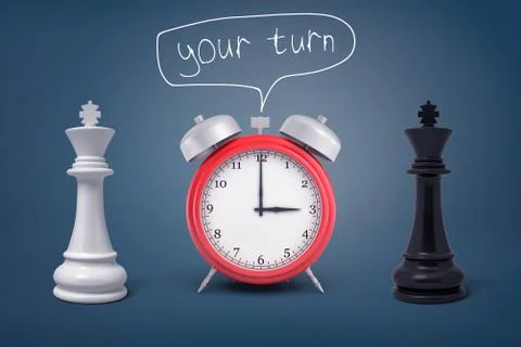 3d rendering of a red retro alarm clock stands between a black and a white king イラスト素材