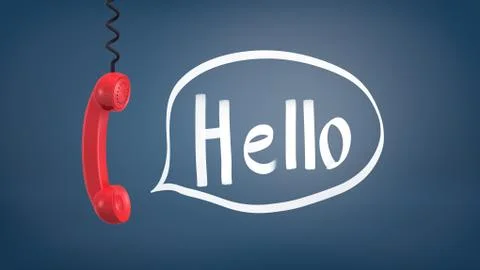 3d rendering of a red retro phone receiver hangs down from a cable near a speech Stock Illustration