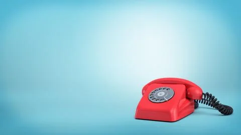 3d rendering of a red retro rotary phone with a black cord stands unused on blue Stock Illustration