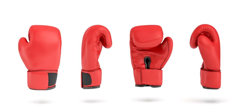 3d rendering of a red right boxing glove in four different angle views. Stock Illustration