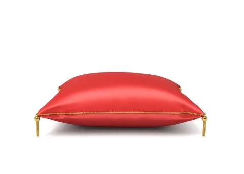 3d rendering of a red silk royal pillow with golden tussels isolated on a white Stock Illustration