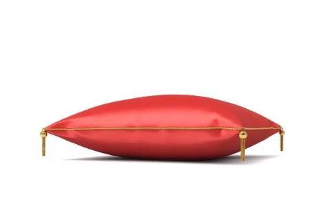 3d rendering of a red silk royal pillow with golden tussels isolated on a white Stock Illustration