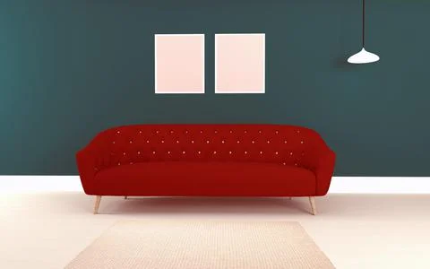 3D rendering of a red sofa in a room with dark green walls with frames on the Illustrazione stock