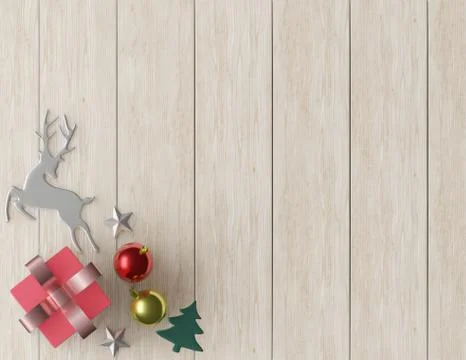 3D rendering red square gift box and metallic white bow-ribbon ,balls,reindee Stock Illustration