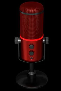 3D rendering of red studio condenser microphone isolated on black background 스톡 일러스트