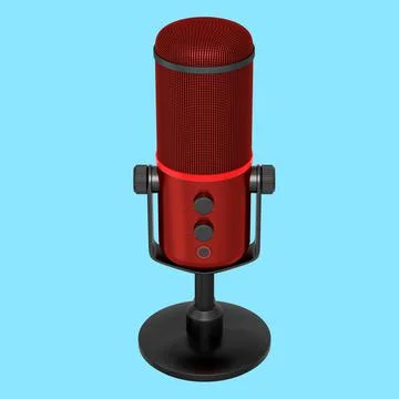 3D rendering of red studio condenser microphone isolated on blue background Illustrazione stock