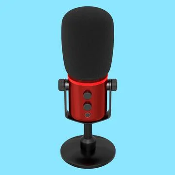 3D rendering of red studio condenser microphone isolated on blue background Illustrazione stock