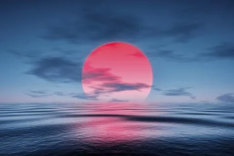 3d rendering of a red sunset over the blue sea イラスト素材