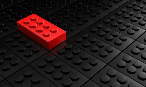 3D rendering red toy bricks standing out from crowd of black toy bricks .  Le Stock Photos