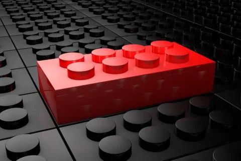 3D rendering red toy bricks standing out from crowd of black toy bricks .  Le Stock Photos