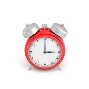 3d rendering of a red vintage alarm clock with double metal bells isolated on Illustrazione stock