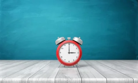 3d rendering of a red vintage alarm clock with metal bells stands on a wooden Stock Illustration