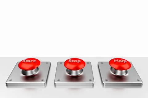 3D rendering. Red web buttons with start, stop, help. Illustrazione stock