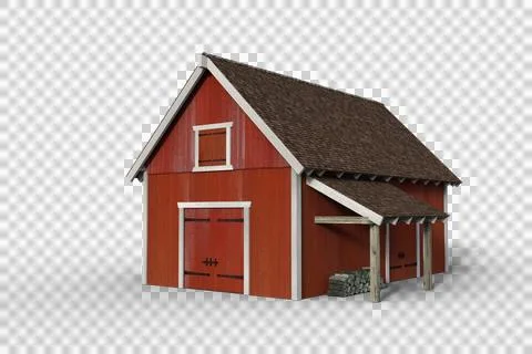 3D rendering of a red wooden barn isolated on a transparent background. Stock Illustration