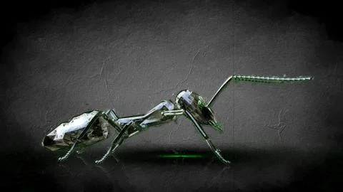 3d rendering of a reflective ant on a dark black background Stock Illustration