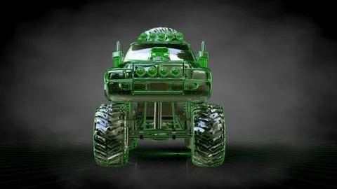 3d rendering of a reflective big car on a dark black background Illustrazione stock