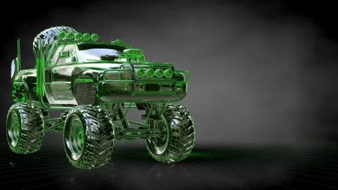 3d rendering of a reflective big car on a dark black background Stock Illustration