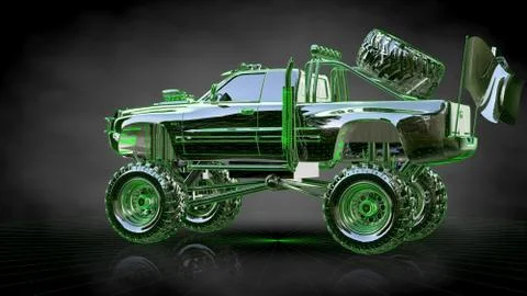 3d rendering of a reflective big car on a dark black background Illustrazione stock