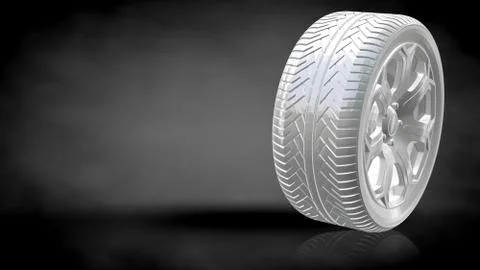 3d rendering of a reflective car tire on a dark black background Stock Illustration