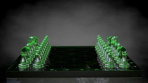 3d rendering of a reflective chess on a dark black background Illustrazione stock