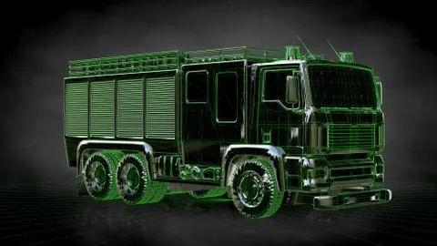 3d rendering of a reflective fire fighter car on a dark black background 스톡 일러스트