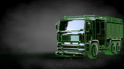 3d rendering of a reflective fire fighter car on a dark black background 스톡 일러스트