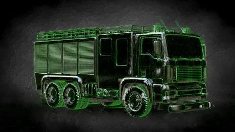 3d rendering of a reflective fire fighter car on a dark black background Stock Illustration