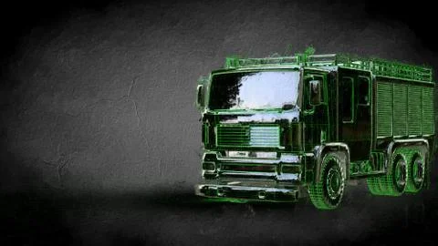 3d rendering of a reflective fire fighter car on a dark black background Illustrazione stock