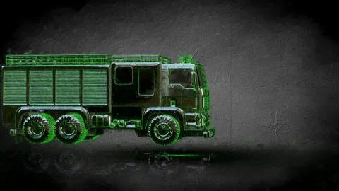 3d rendering of a reflective fire fighter car on a dark black background 스톡 일러스트