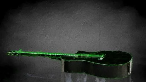 3d rendering of a reflective guitar on a dark black background Illustrazione stock