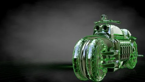 3d rendering of a reflective motor on a dark black background Stock-Illustration