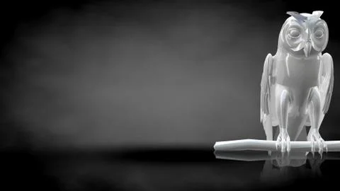 3d rendering of a reflective owl on a dark black background Illustrazione stock