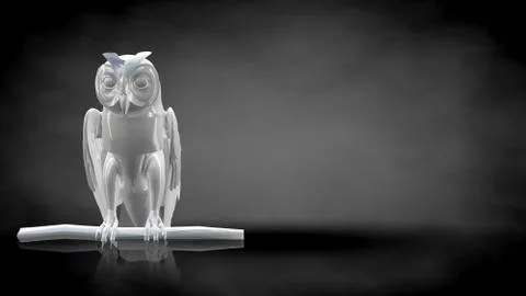 3d rendering of a reflective owl on a dark black background Illustrazione stock